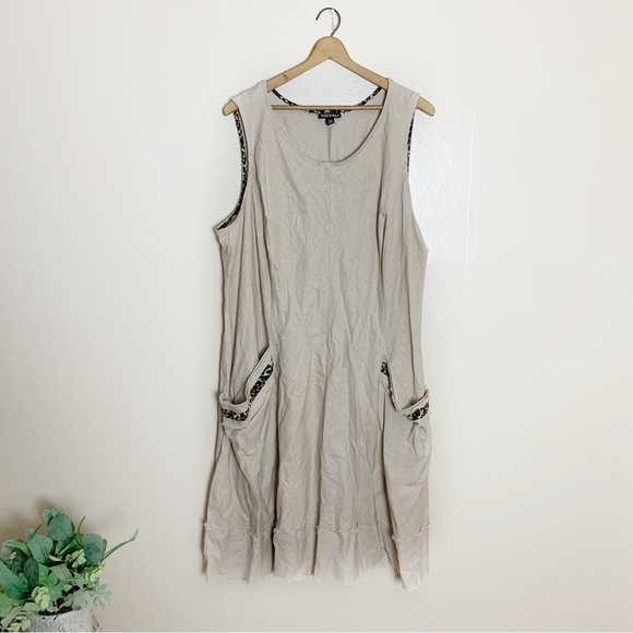 [Roz & Ali] Beige Raw Frayed Hem Linen Blend Sleeveless Trapeze Dress - Picture 1 of 8
